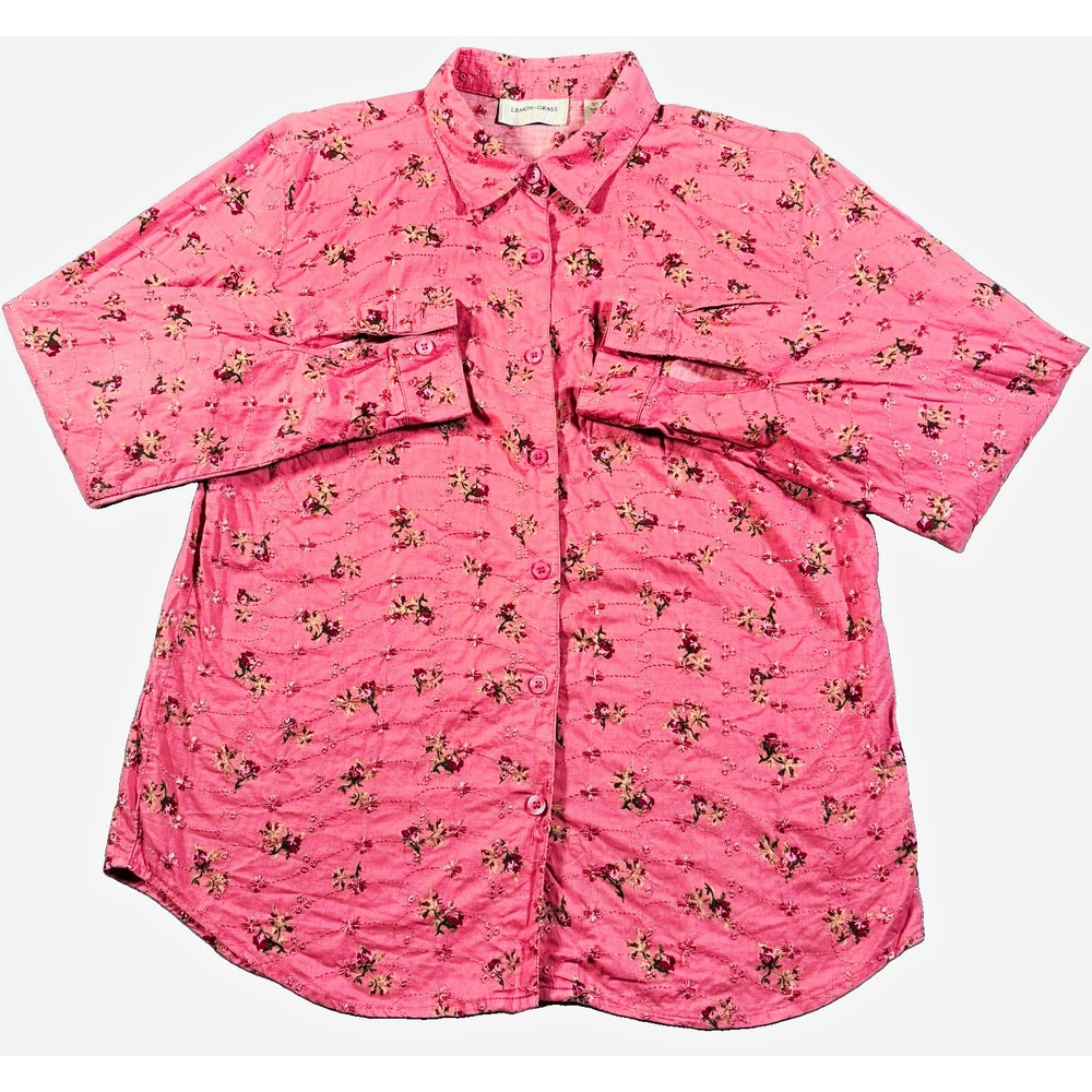 Lemon Grass Pink Floral Embroidered Cotton Button Up Shirt Womens Medium